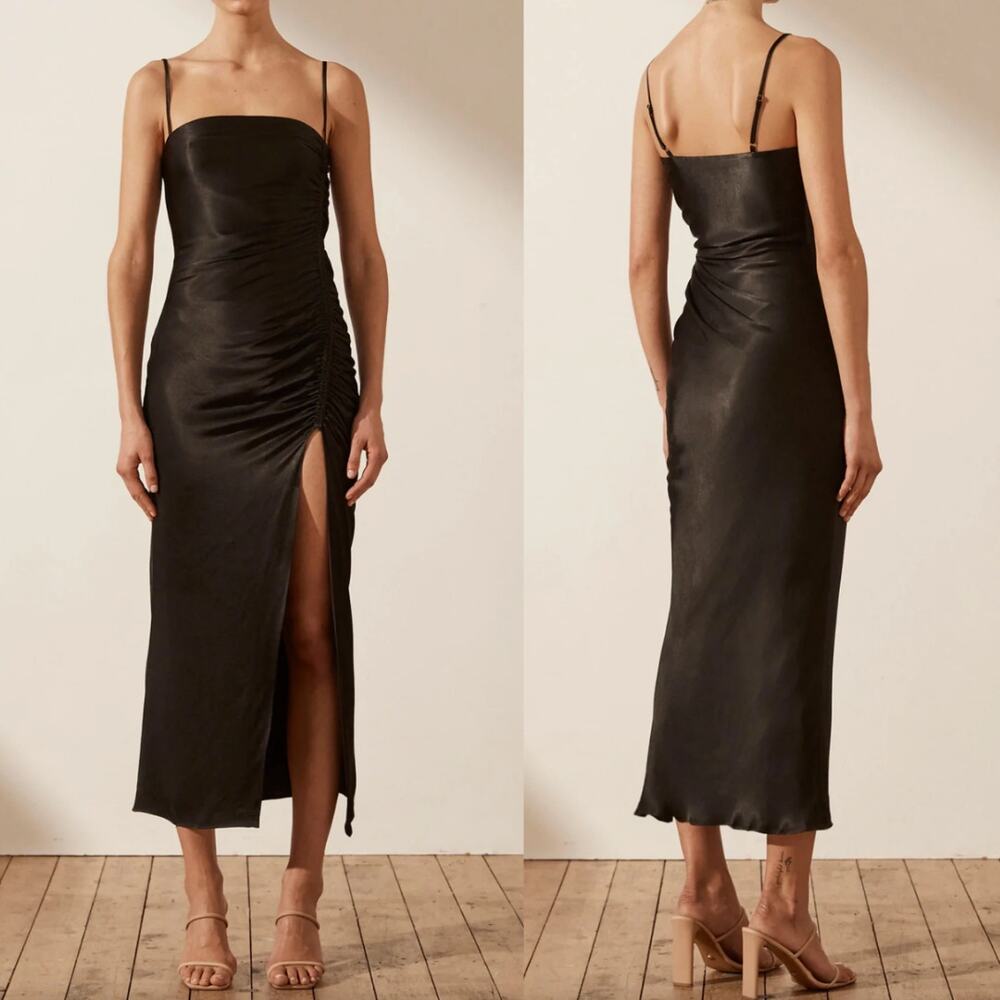 Shona Joy | Thalia Midi Dress in Black Square Neck Ruched Side Slit Dress 6